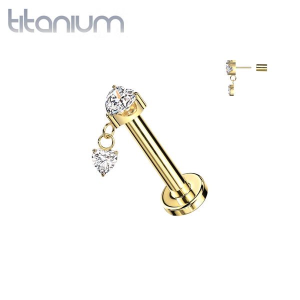 Implant Grade Titanium Threadless Gold PVD Push In Large White CZ Heart Dangle Nose Ring With Flat Back - Pierced Universe