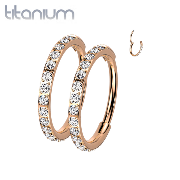 Pair Of Implant Grade Titanium Rose Gold PVD White CZ Pave Dainty Hinged Hoop Earrings - Pierced Universe