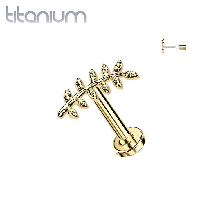 Implant Grade Titanium Gold PVD Curved Textured Leaf Push In Threadless Labret With Flat Back - Pierced Universe