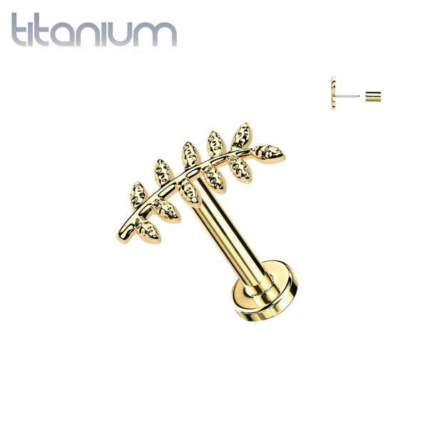Implant Grade Titanium Gold PVD Curved Textured Leaf Push In Threadless Labret With Flat Back - Pierced Universe