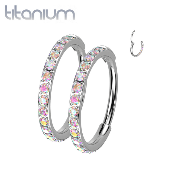 Pair Of Implant Grade Titanium Aurora Borealis CZ Pave Dainty Hinged Hoop Earrings - Pierced Universe