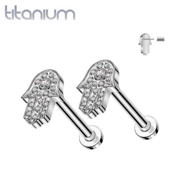 Pair of Implant Grade Titanium Threadless CZ Gem Hamsa Push In Earrings With Flat Back - Pierced Universe