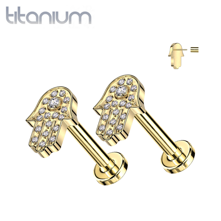 Pair of Implant Grade Titanium Threadless Gold PVD CZ Gem Hamsa Push In Earrings With Flat Back - Pierced Universe