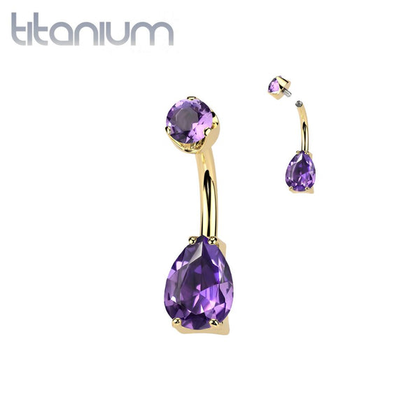 Implant Grade Titanium Gold PVD Amethyst Stone Teardrop Internally Threaded Belly Ring - Pierced Universe