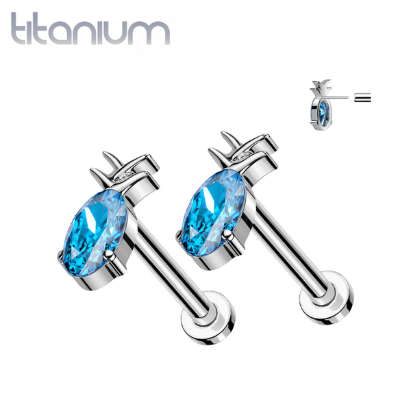 Pair of Implant Grade Titanium Aqua CZ Gem Pineapple Threadless Push In Earrings With Flat Back