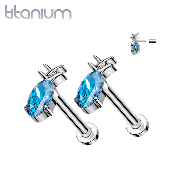 Pair of Implant Grade Titanium Aqua CZ Gem Pineapple Threadless Push In Earrings With Flat Back - Pierced Universe