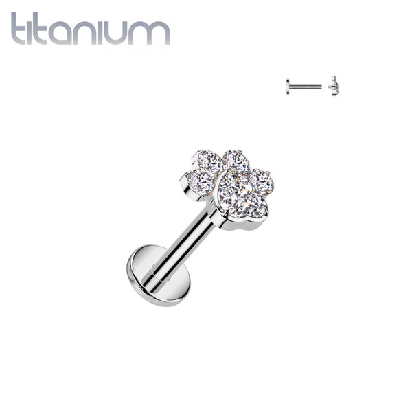 Implant Grade Titanium White CZ Gem Paw Print Internally Threaded Flat Back Labret