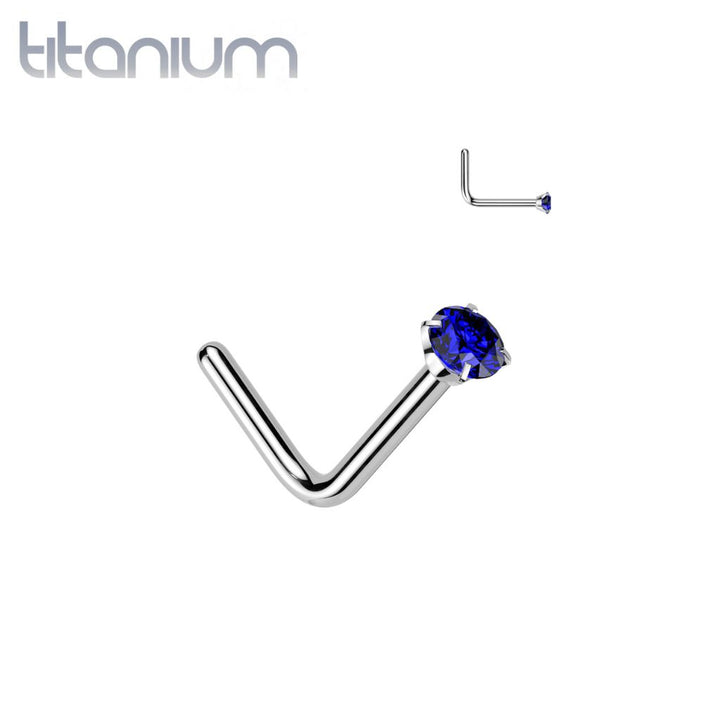 Implant Grade Titanium Blue CZ L Shape Nose Stud - Pierced Universe