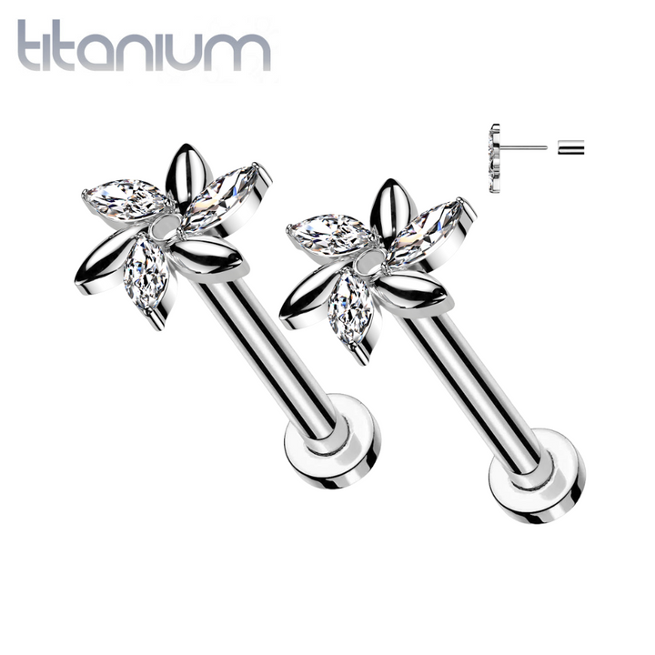 Pair of Implant Grade Titanium Threadless Marquise Flower Push In Earrings With Flat Back - Pierced Universe