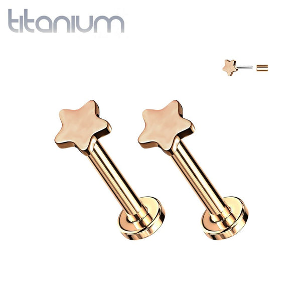 Pair of Implant Grade Titanium Rose Gold PVD Dainty Threadless Star Earring Studs with Flat Back - Pierced Universe