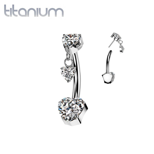 Implant Grade Titanium Threadless Push In White CZ Heart Dangle Belly Ring