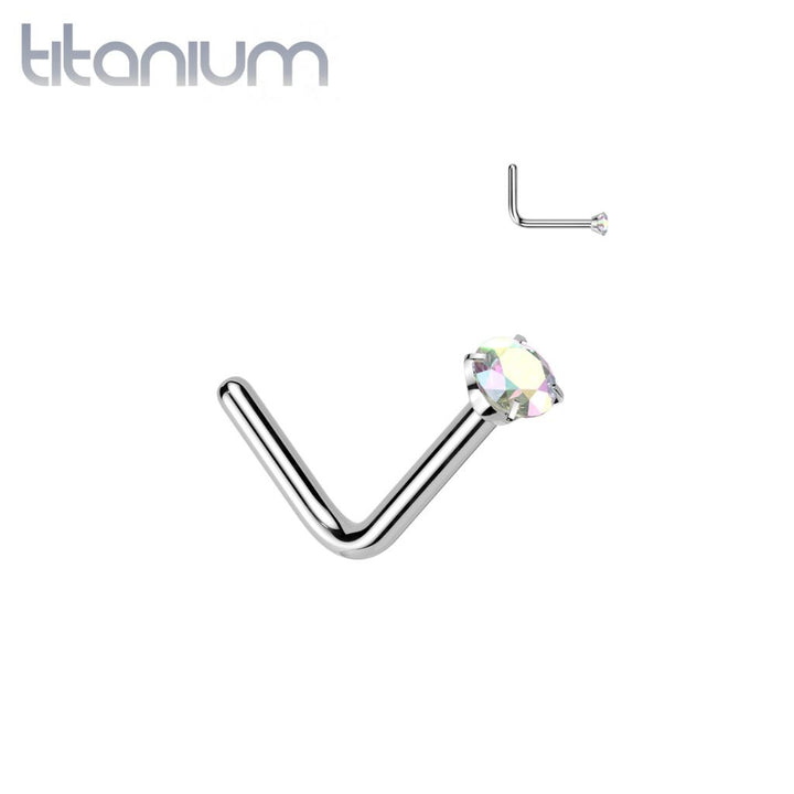 Implant Grade Titanium Aurora Borealis CZ L Shape Nose Stud - Pierced Universe
