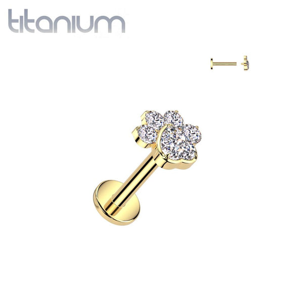 Implant Grade Titanium Gold PVD White CZ Gem Paw Print Internally Threaded Flat Back Labret - Pierced Universe