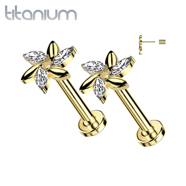 Pair of Implant Grade Titanium Threadless Gold PVD Marquise Flower Push In Earrings With Flat Back - Pierced Universe