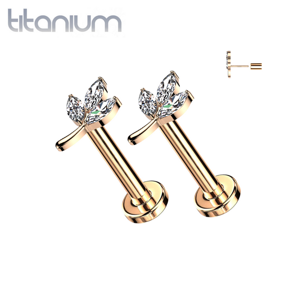 Pair of Implant Grade Titanium Rose Gold PVD White CZ Leaf Threadless Push In Earrings With Flat Back