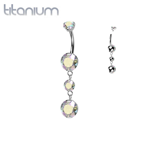 Implant Grade Titanium Aurora Borealis CZ Internally Threaded Multi Gem Dangle Belly Ring - Pierced Universe