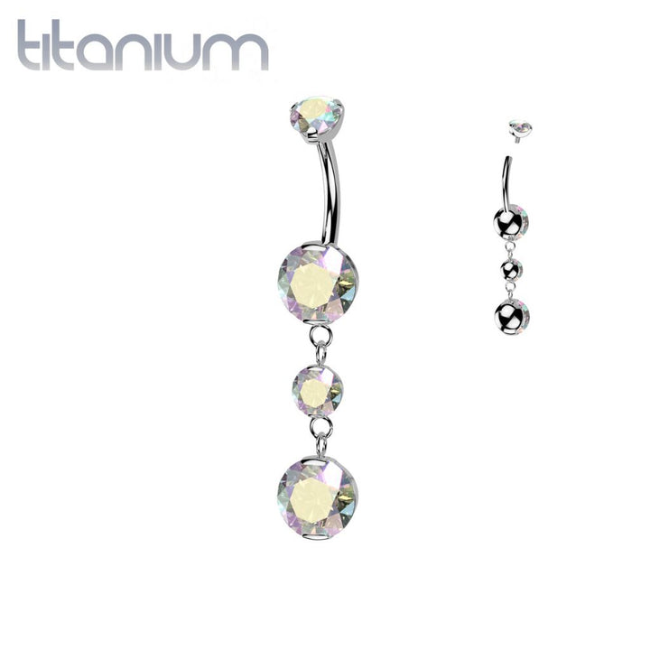Implant Grade Titanium Aurora Borealis CZ Internally Threaded Multi Gem Dangle Belly Ring - Pierced Universe