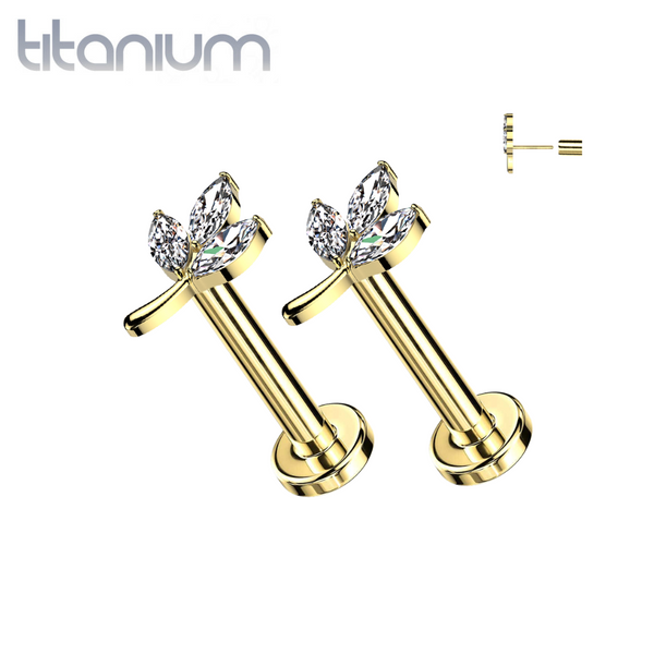 Pair of Implant Grade Titanium Gold PVD White CZ Leaf Threadless Push In Earrings With Flat Back