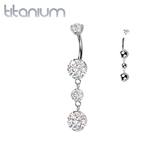 Implant Grade Titanium White CZ Internally Threaded Multi Gem Dangle Belly Ring - Pierced Universe