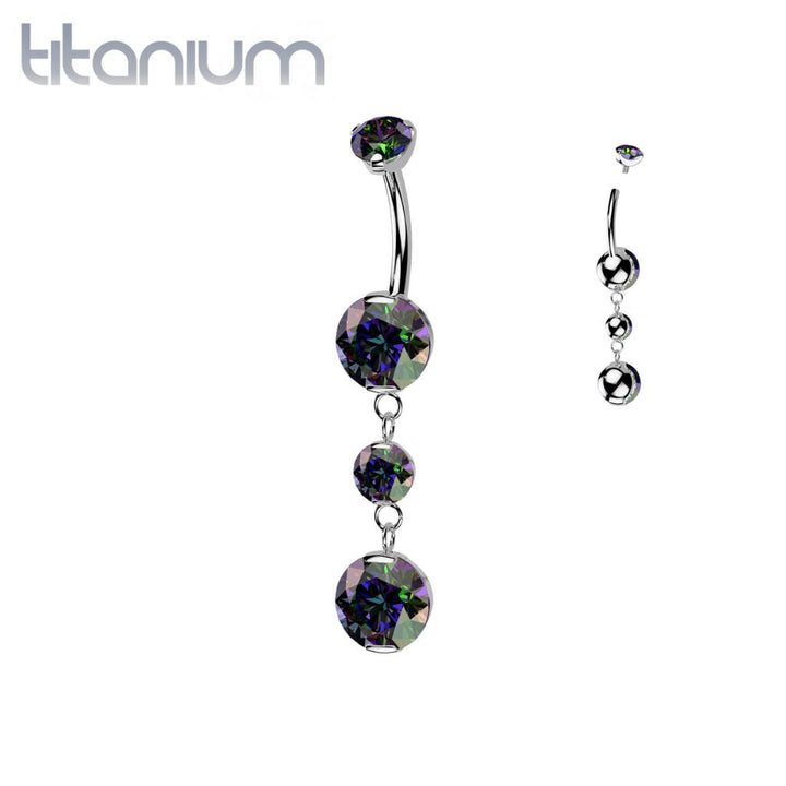 Implant Grade Titanium Vitrail Medium CZ Internally Threaded Multi Gem Dangle Belly Ring - Pierced Universe
