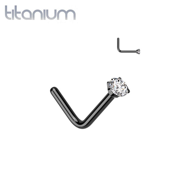 Implant Grade Titanium Black PVD White CZ L Shape Nose Stud - Pierced Universe