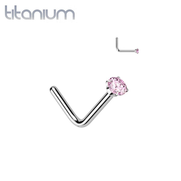 Implant Grade Titanium Pink CZ L Shape Nose Stud - Pierced Universe