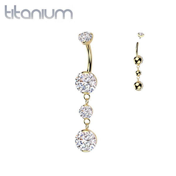 Implant Grade Titanium Gold PVD White CZ Internally Threaded Multi Gem Dangle Belly Ring - Pierced Universe