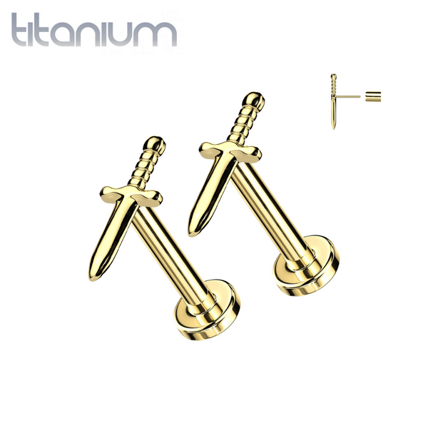 Pair of Implant Grade Titanium Gold PVD Dagger Threadless Push In Earrings With Flat Back - Pierced Universe