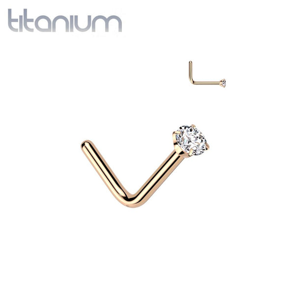 Implant Grade Titanium Rose Gold PVD White CZ L Shape Nose Stud - Pierced Universe