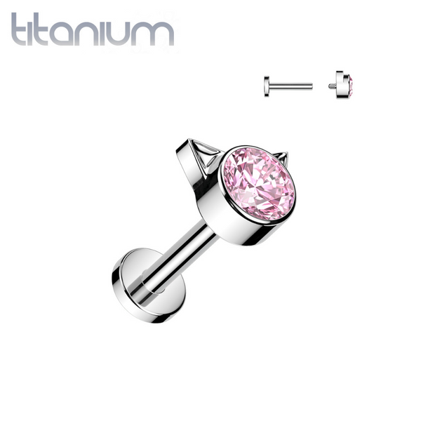 Implant Grade Titanium Pink CZ Cat Internally Threaded Flat Back Labret