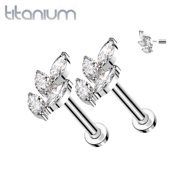 Pair of Implant Grade Titanium Threadless Large White CZ Leaf Push In Earrings With Flat Back - Pierced Universe