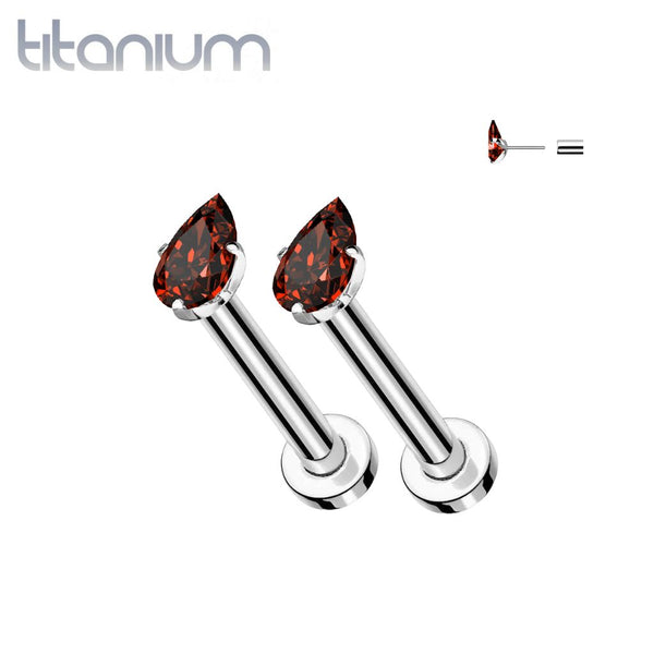 Pair of Implant Grade Titanium Red CZ Teardrop Gem Push In Earrings With Flat Back - Pierced Universe