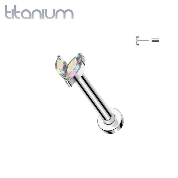 Implant Grade Titanium Aurora Borealis CZ Leaf Marquise Gem Push In Threadless Labret With Flat Back