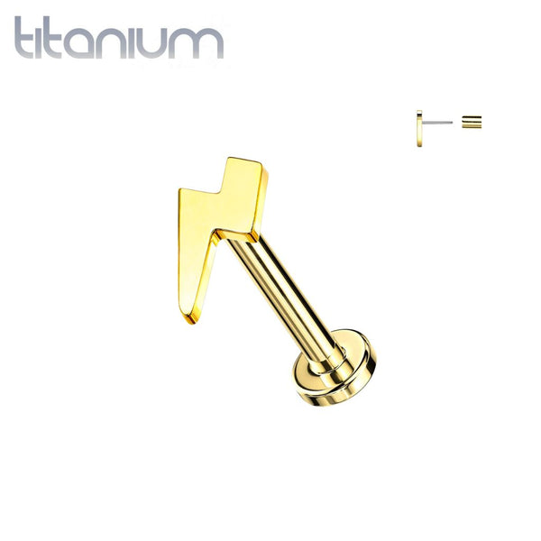 Implant Grade Titanium Threadless Push In Tragus/Cartilage Gold PVD Lightning Bolt Stud With Flat Back - Pierced Universe
