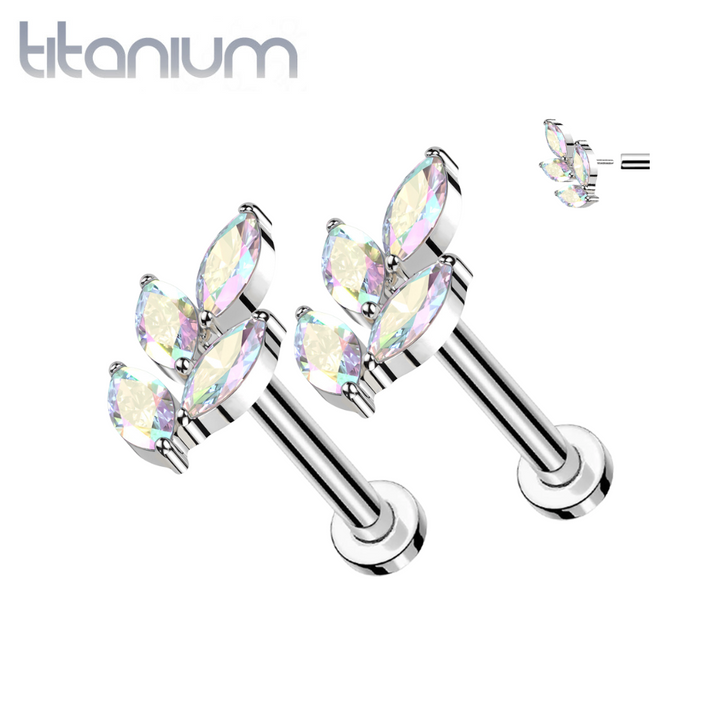 Pair of Implant Grade Titanium Threadless Large AB CZ Leaf Push In Earrings With Flat Back - Pierced Universe