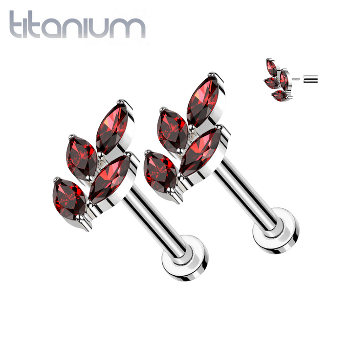 Pair of Implant Grade Titanium Threadless Large Red CZ Leaf Push In Earrings With Flat Back - Pierced Universe
