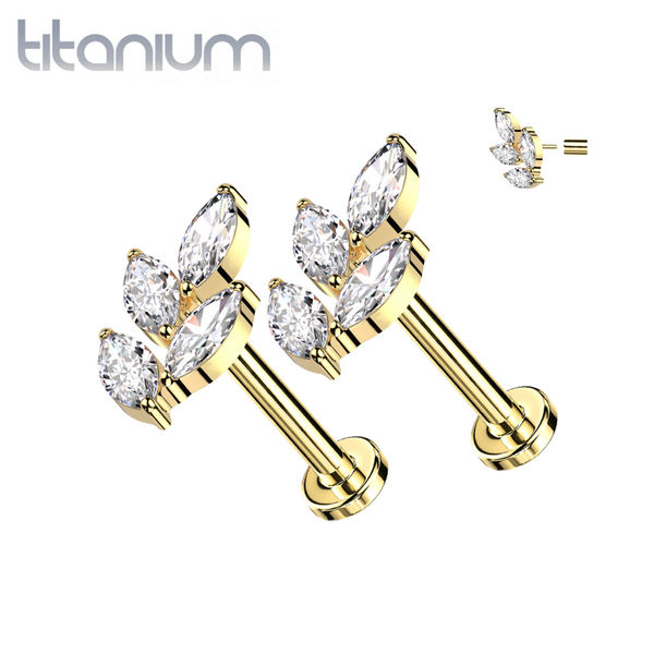 Pair of Implant Grade Titanium Threadless Gold PVD Large White CZ Leaf Push In Earrings With Flat Back - Pierced Universe