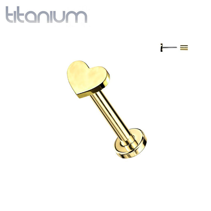 Implant Grade Titanium Threadless Push In Tragus/Cartilage Gold PVD Heart Stud With Flat Back - Pierced Universe