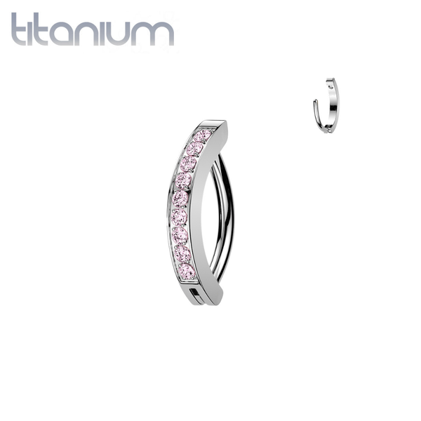 Implant Grade Titanium Pink CZ Pave Gem Hinged Clicker 16ga Curved Barbell - Pierced Universe