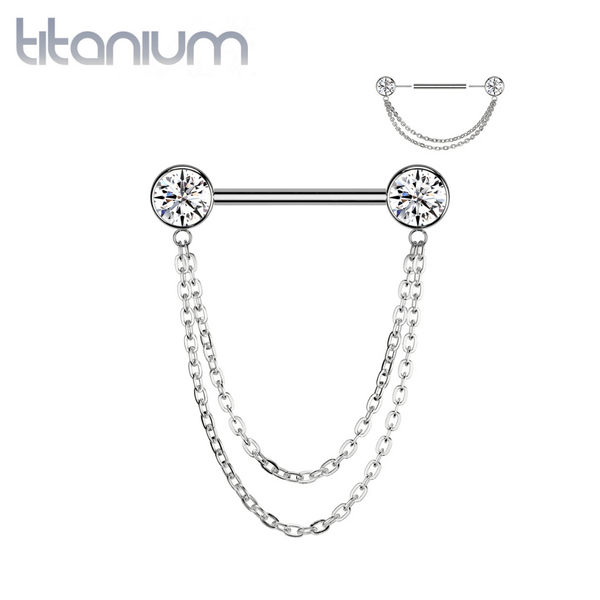 Implant Grade Titanium White CZ Bezel Chain Dangle Threadless Push In Straight Barbell Nipple Ring