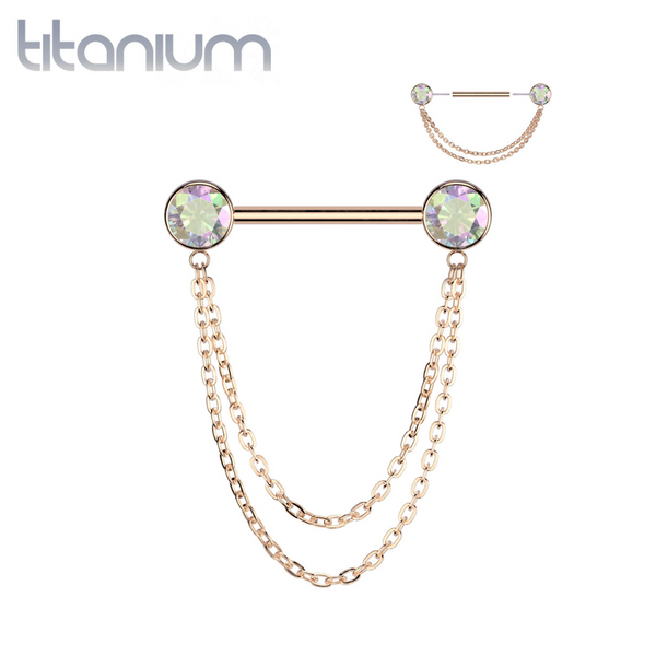 Implant Grade Titanium Rose Gold PVD AB CZ Bezel Chain Dangle Threadless Push In Straight Barbell Nipple Ring