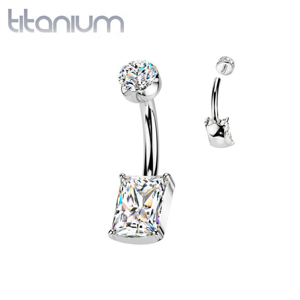 Implant Grade Titanium White CZ Rectangle Clawed Internally Threaded Belly Ring - Pierced Universe