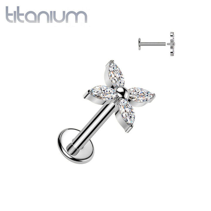 Implant Grade Titanium White CZ Large Four Petal Flower Internally Threaded Flat Back Labret - Pierced Universe