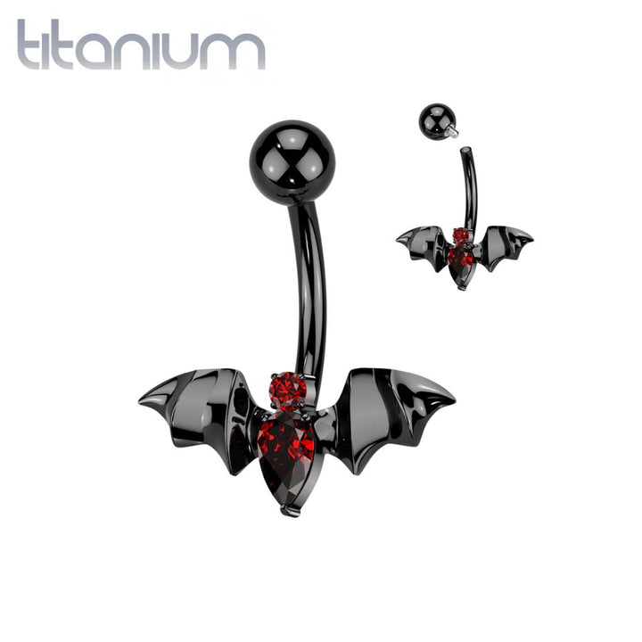 Implant Grade Titanium Black PVD Red CZ Internally Threaded Flying Bat Non Dangle Belly Ring - Pierced Universe