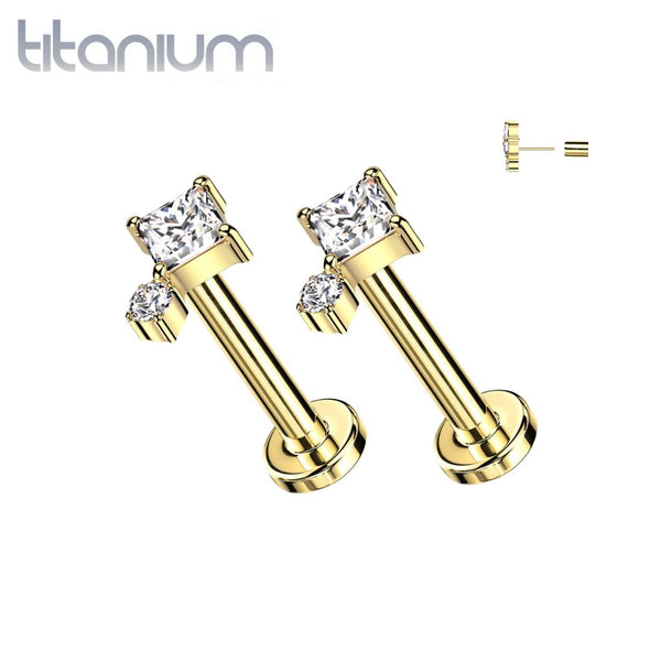 Pair of Implant Grade Titanium Gold PVD White CZ Square & Circle Gem Cluster Push In Threadless Earring Studs Flat Back