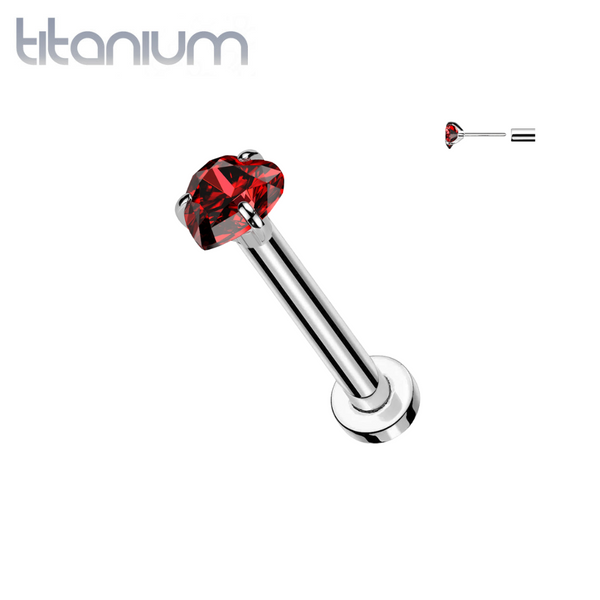 Implant Grade Titanium Threadless Push In Red CZ Heart Nose Ring With Flat Back - Pierced Universe