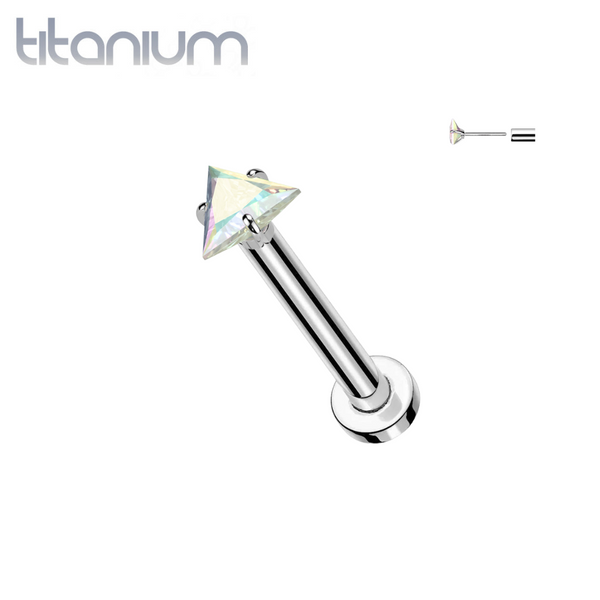 Implant Grade Titanium Threadless Aurora Borealis CZ Triangle Shaped Gem Push In Labret With Flat Back