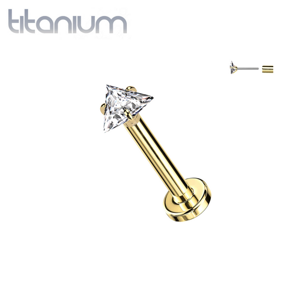 Implant Grade Titanium Gold PVD White CZ Triangle Shaped Gem Threadless Push In Labret With Flat Back