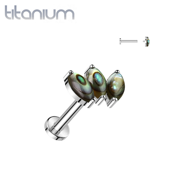 Implant Grade Titanium Triple Marquise Abalone Shell Internally Threaded Flat Back Labret