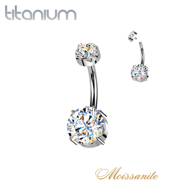 Implant Grade Titanium White Moissanite Internally Threaded Round Belly Ring - Pierced Universe